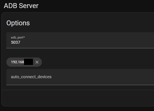 Screen snip of the ADB Server configuration in which the IP of the Fire TV Cube is added to the `auto_connect_devices` list.