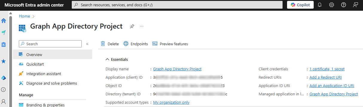 Snip of the example application registration and its key information such as client, object, and tenant IDs (redacted).